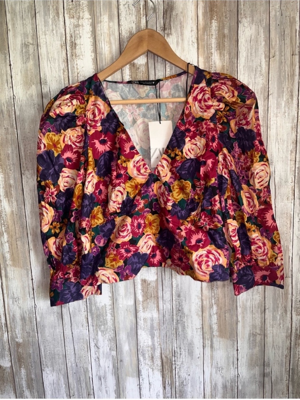Zara Floral Poplin Puff Sleeve Crop Blouse XL Cottagecore Romantic NWT - Picture 2 of 6